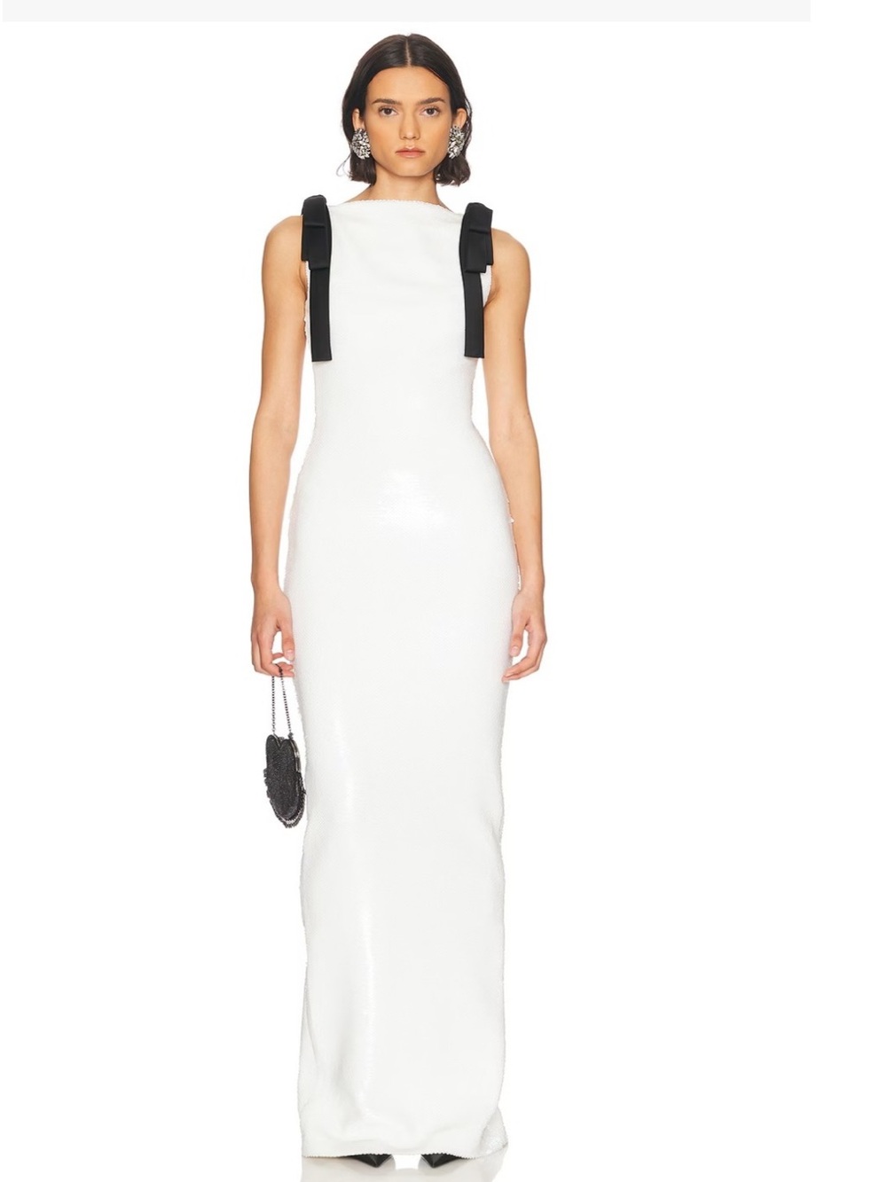 MONOT Bows Sequin White Gown with Black Shoulder Bows